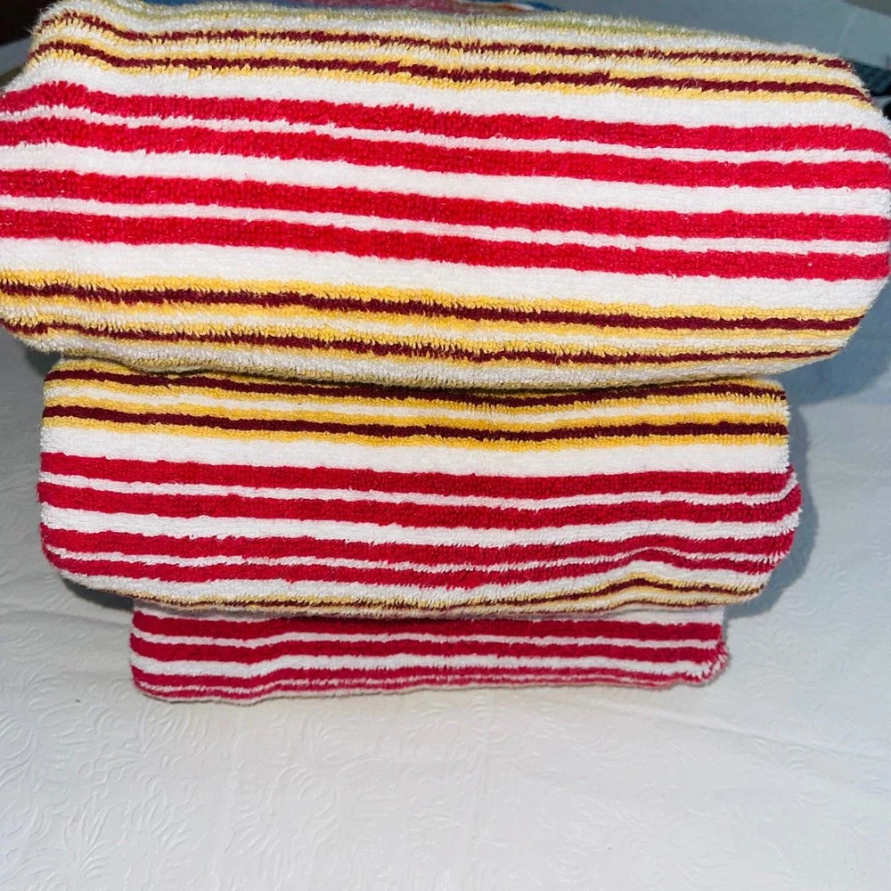 Pottery Barn Beach Towel Set of 3 28x55 Blue Red Yellow Striped 100% Cotton